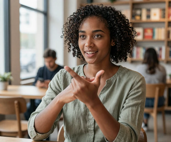 Young woman using American Sign Language expressively at a cozy bookshop cafe in warm natural light