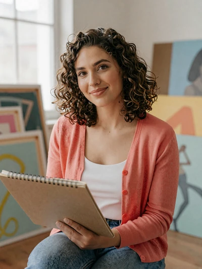 Sofia, 26, a neurodivergent artist holding a sketchbook in her studio