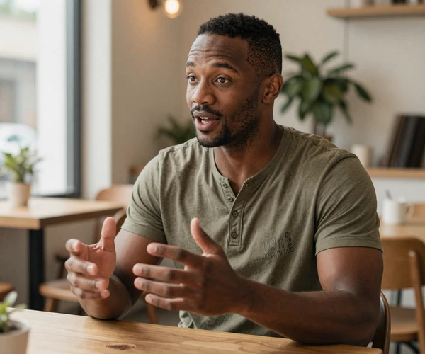 Young man talking animatedly at a cozy cafe table, hands gesturing with enthusiasm during an engaging conversation about ADHD dating