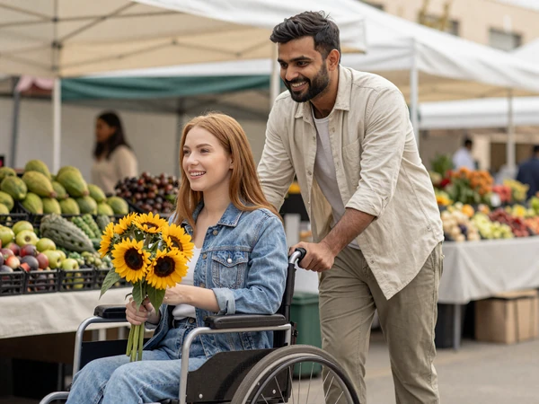 Interabled couple enjoying a farmers market together, wheelchair user holding sunflowers while her partner walks beside her