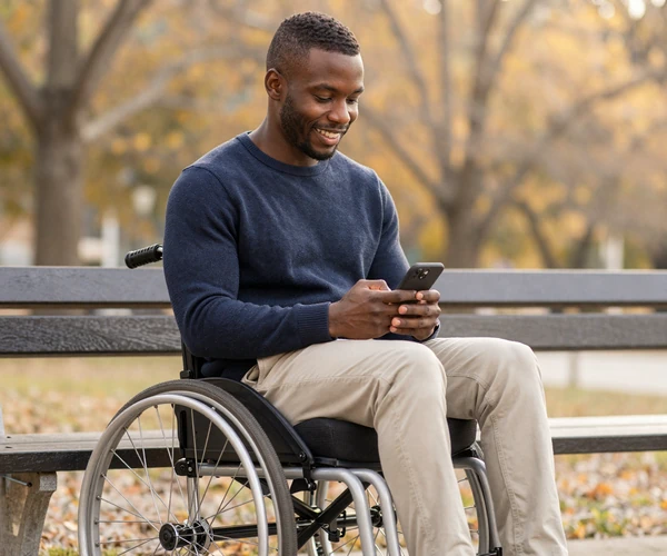Wheelchair user checking his phone at a park bench on a golden autumn day, smiling warmly