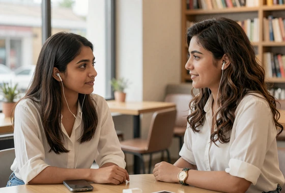 Priya and Elena having coffee at a quiet bookstore cafe, Elena wearing hearing aids, warm natural lighting