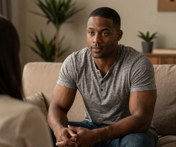 Man sitting on a couch with open body language, calm and present, representing supportive partnership for someone dating with PTSD