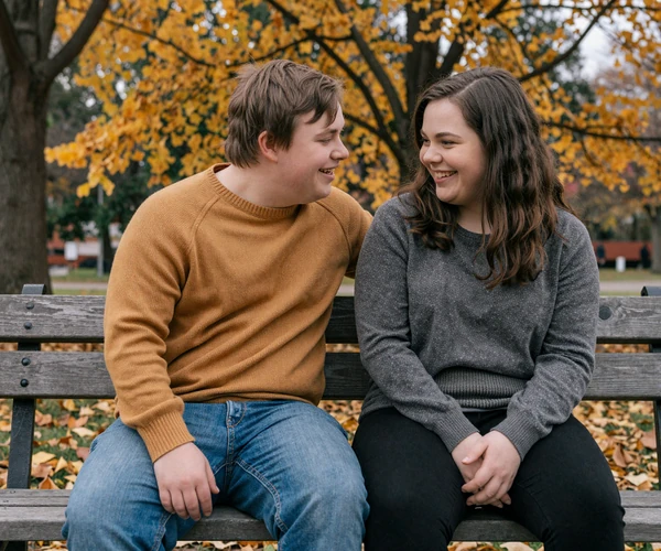A happy couple sitting together on a park bench in autumn light, sharing a warm relaxed moment during their date