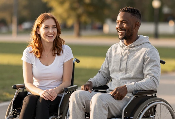Interabled couple Sarah and James laughing together in a park, James using a manual wheelchair