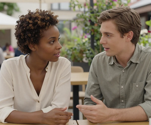 Two people having an earnest conversation at an outdoor cafe, discussing epilepsy disclosure in a comfortable dating setting