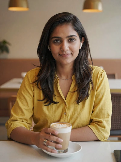 Priya, 27, a Deaf woman with hearing aids at a cozy cafe smiling warmly
