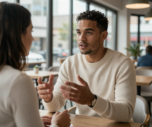 Man at a well-lit modern cafe making warm eye contact while gesturing during conversation on a date