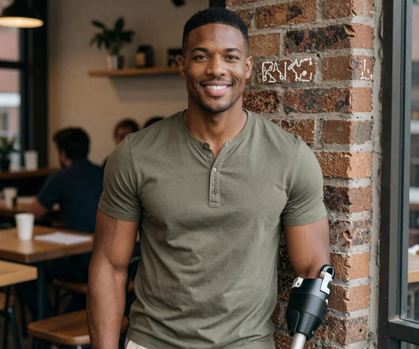 Athletic young man with a below-knee prosthetic leg leaning confidently at an urban cafe in warm afternoon light