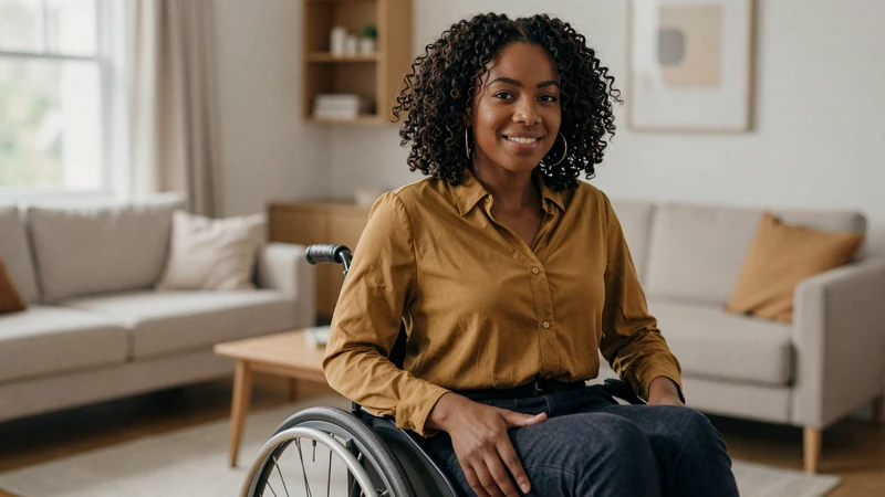 Confident woman in a wheelchair smiling warmly in her living room, representing body confidence in disabled dating
