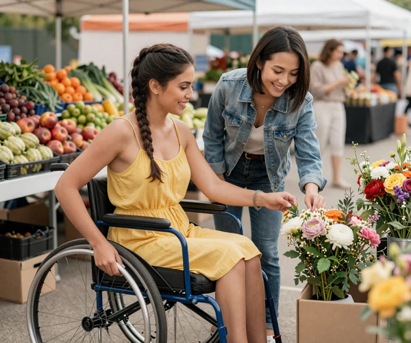 Wheelchair user and friend shopping together at a bright outdoor farmers market