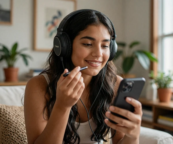 Woman smiling while recording a voice message on her phone, representing voice-first blind dating
