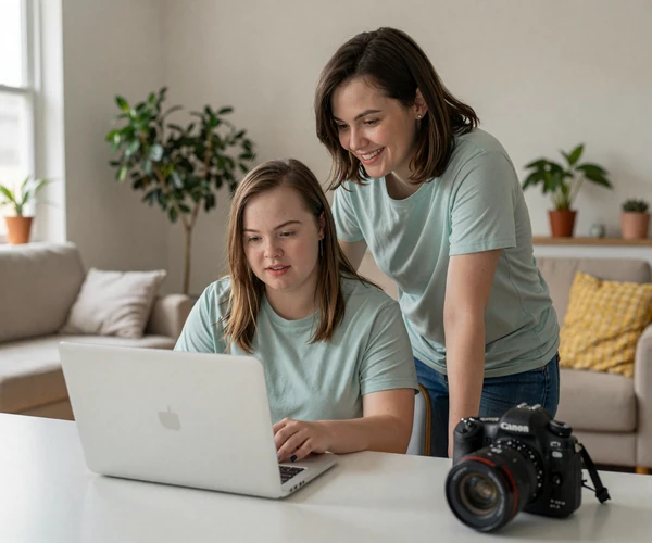 A supportive mother helping her adult daughter navigate a dating profile on a laptop in a warm sunlit living room