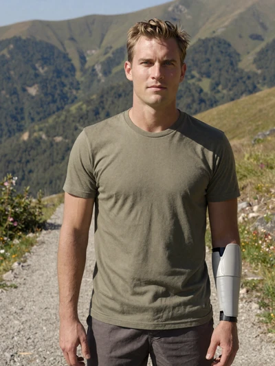 Jake, 34, an amputee hiker standing on a trail with mountain view behind him