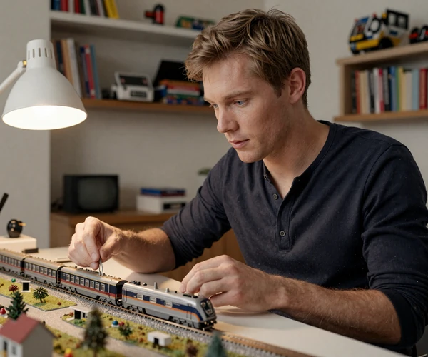 Young man deeply engaged with a detailed hobby project at his desk in warm lamp light, surrounded by collectibles on shelves