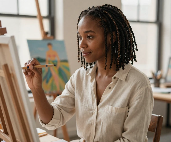 Woman painting at an easel in a sunlit studio, expressing creativity and focus associated with the bipolar dating community