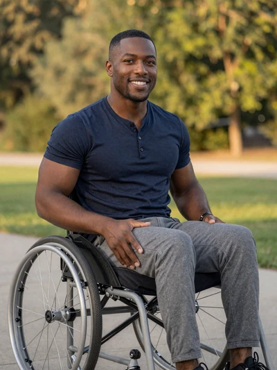 Marcus, 30, a wheelchair user smiling outdoors in a park at golden hour