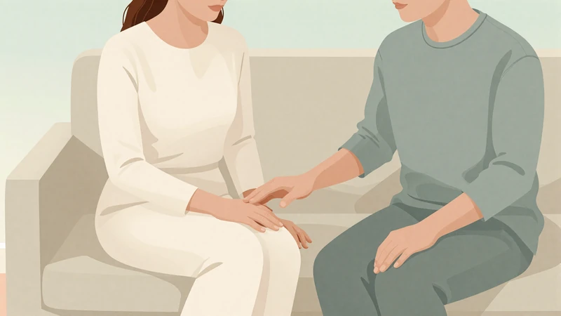 Two partners sitting together on a couch in supportive conversation about emotional needs in a neurodivergent relationship