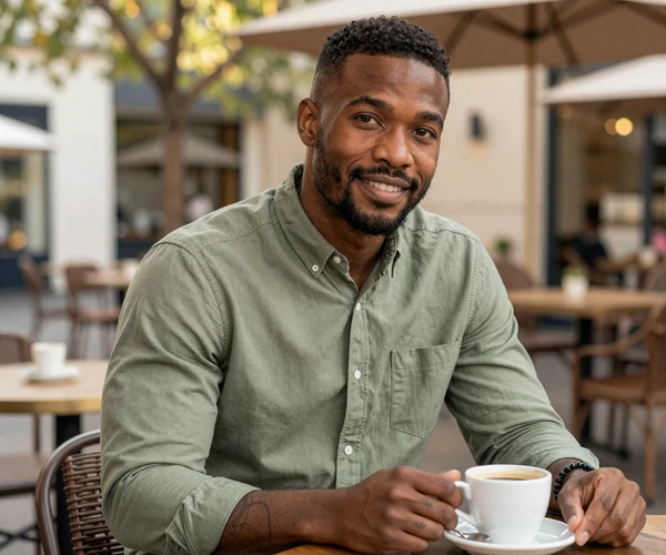 Man with monocular vision sitting confidently at outdoor cafe, relaxed and smiling during a date