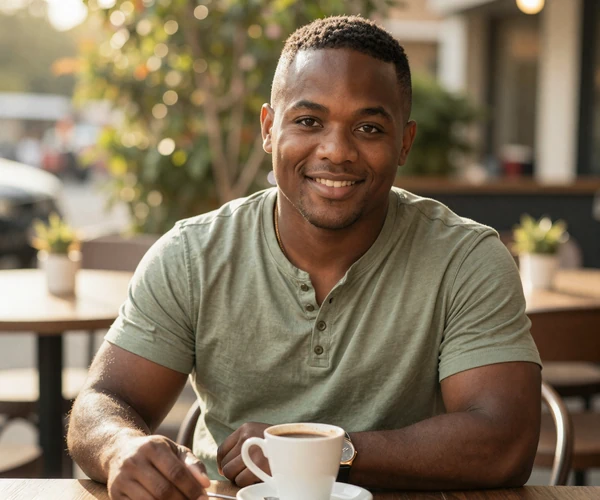 Confident young man of short stature enjoying coffee at a sunlit outdoor cafe, representing the active lifestyle of little people in the dwarfism dating community