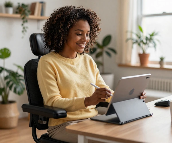 Woman with cerebral palsy using an adaptive tablet stylus at home, demonstrating accessible technology for online dating