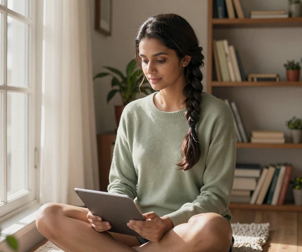 Young woman sitting comfortably by a window with a tablet, relaxed and focused in a cozy home environment with plants and books